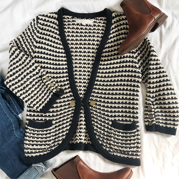 LOFT Sweaters - LOFT Semi Open Knit Navy Ivory Sweater Cardigan